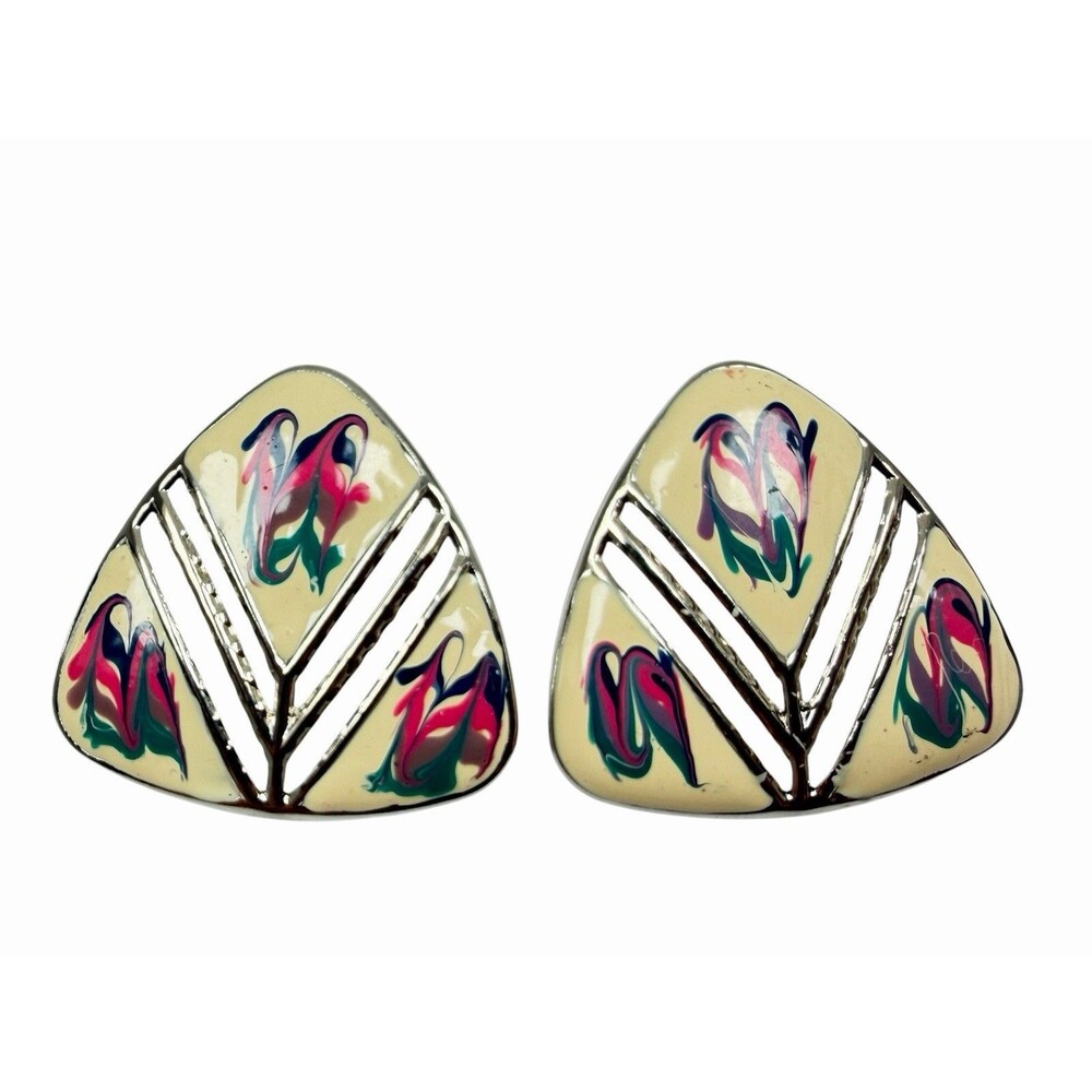 Vintage 1980s Abstract Enamel Earrings Geometric Hand Painted Floral Statement